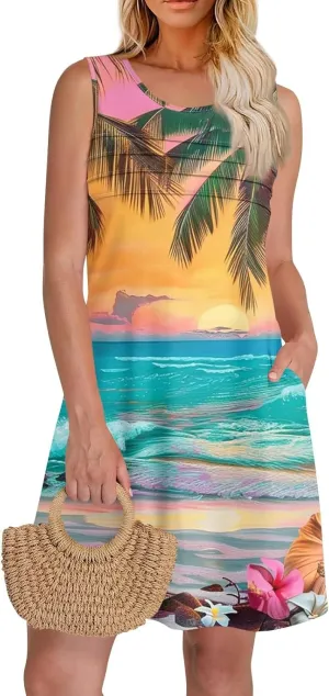 Summer Dresses for Women Sleeveless Mini Dresses Beach Floral Tshirt Sundress Casual Pockets Boho Tank Dress
