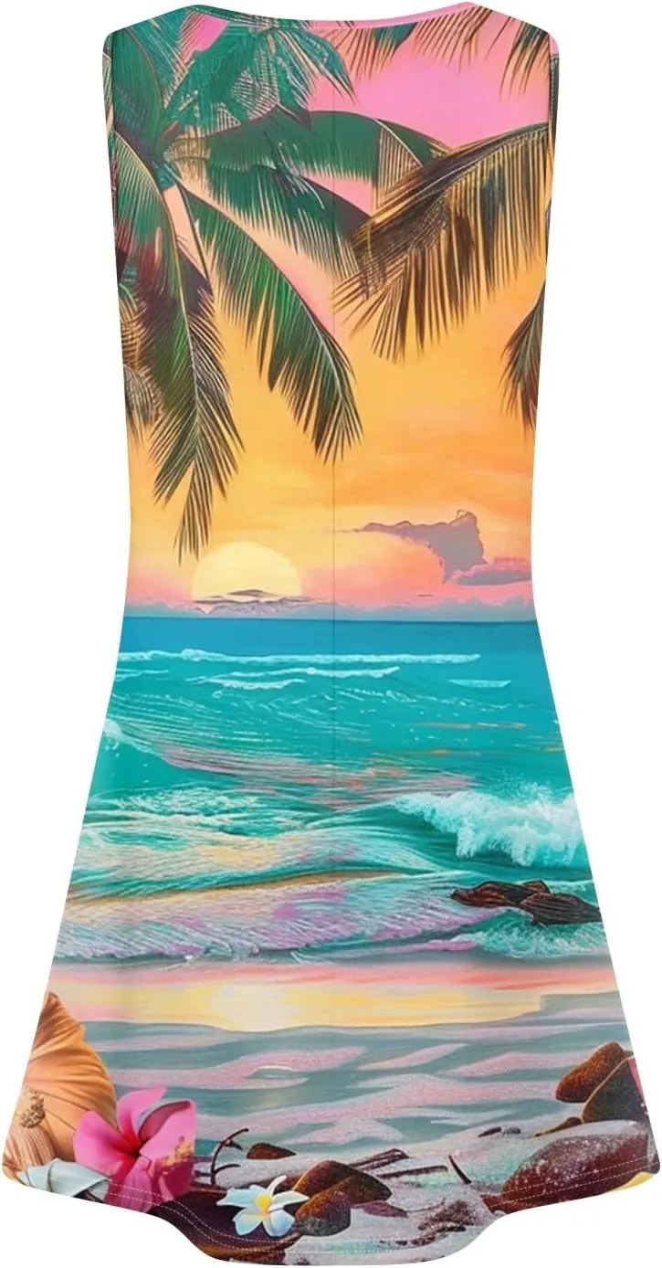 Summer Dresses for Women Sleeveless Mini Dresses Beach Floral Tshirt Sundress Casual Pockets Boho Tank Dress