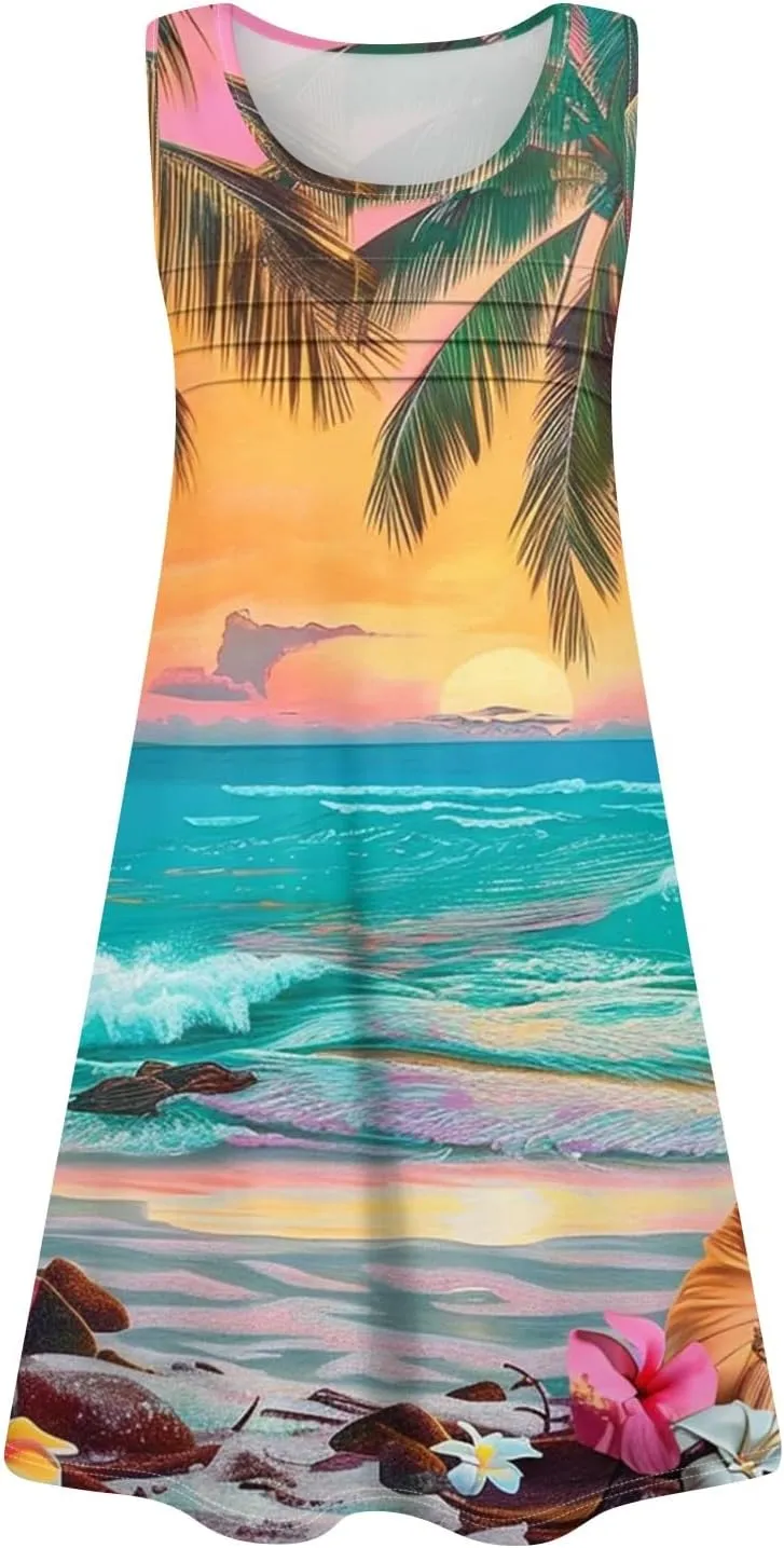 Summer Dresses for Women Sleeveless Mini Dresses Beach Floral Tshirt Sundress Casual Pockets Boho Tank Dress