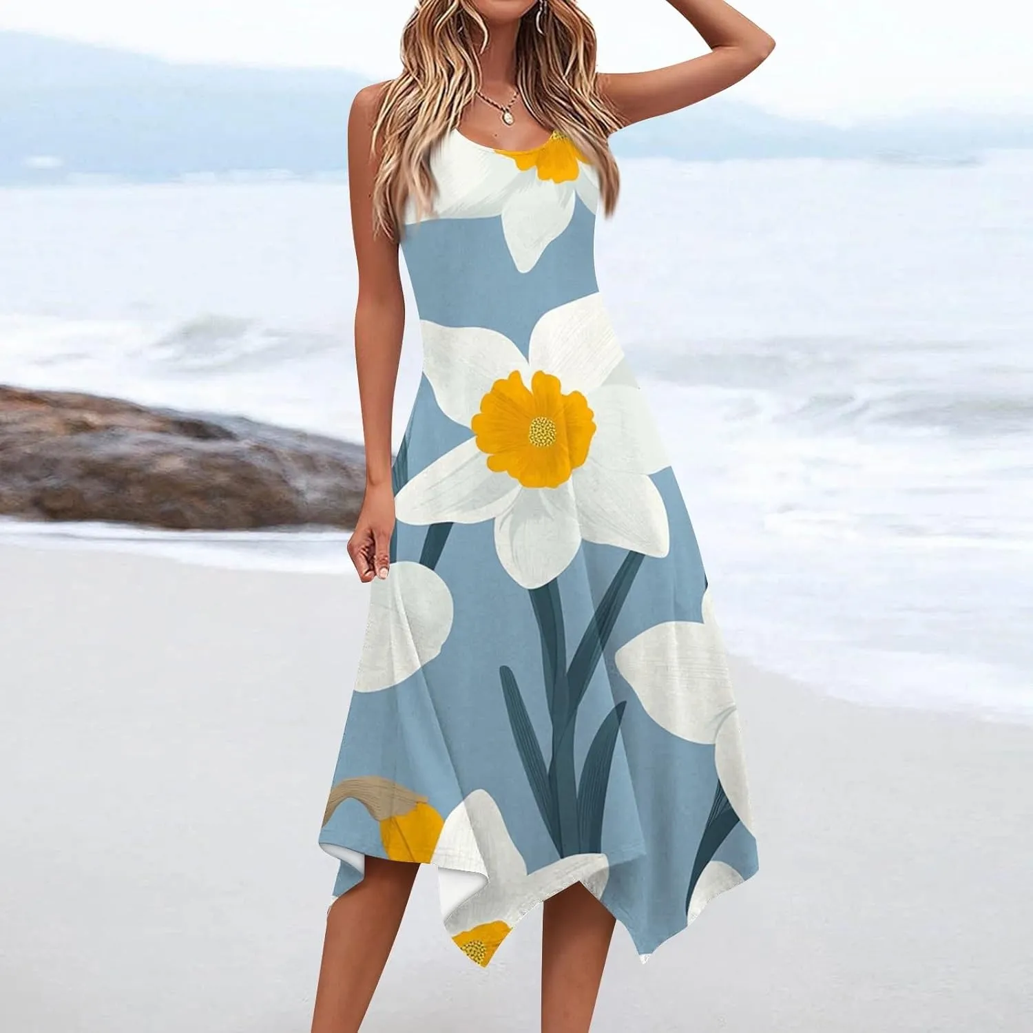 Summer Dresses for Women Summer Casual Beach Sundresses Flowy Hankerchief Hem Midi Tank Dresses Floral Sleeveless Dress