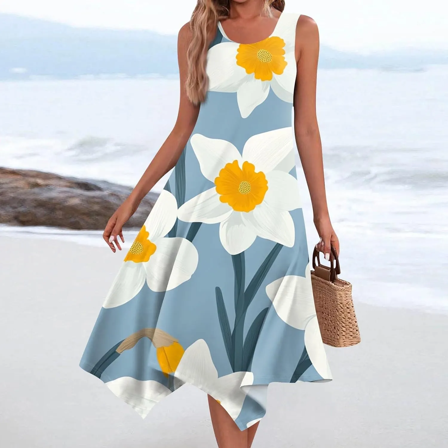 Summer Dresses for Women Summer Casual Beach Sundresses Flowy Hankerchief Hem Midi Tank Dresses Floral Sleeveless Dress
