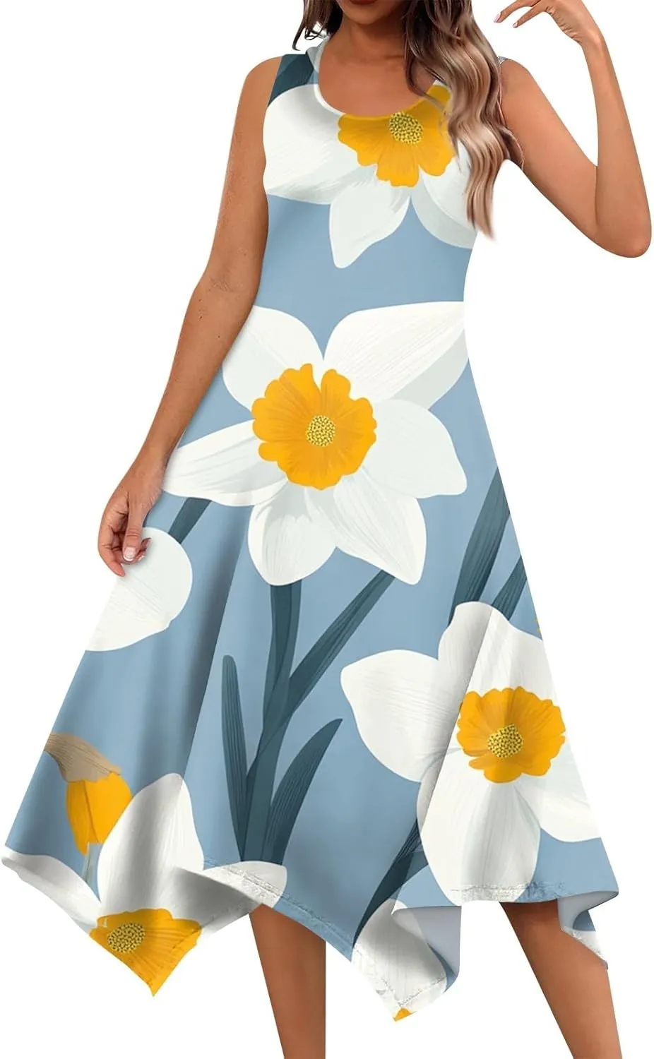 Summer Dresses for Women Summer Casual Beach Sundresses Flowy Hankerchief Hem Midi Tank Dresses Floral Sleeveless Dress