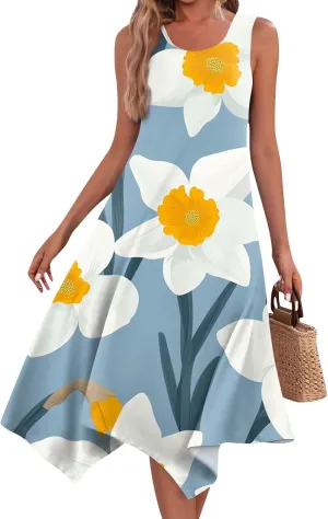Summer Dresses for Women Summer Casual Beach Sundresses Flowy Hankerchief Hem Midi Tank Dresses Floral Sleeveless Dress