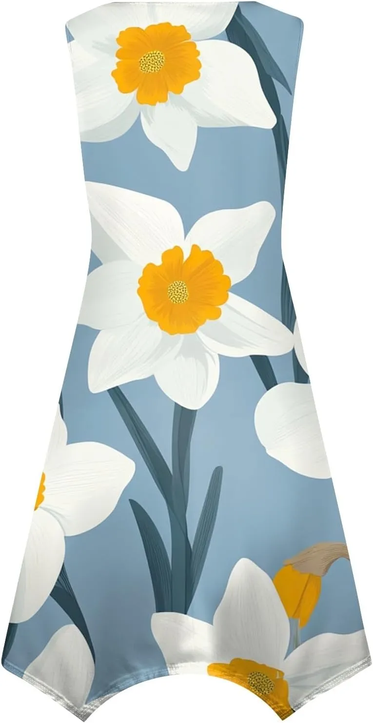 Summer Dresses for Women Summer Casual Beach Sundresses Flowy Hankerchief Hem Midi Tank Dresses Floral Sleeveless Dress