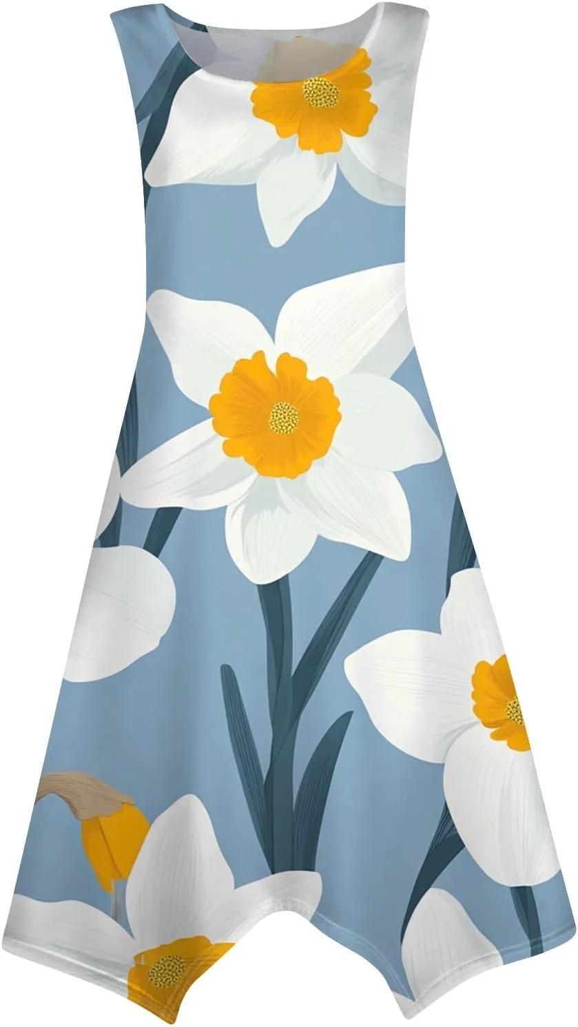 Summer Dresses for Women Summer Casual Beach Sundresses Flowy Hankerchief Hem Midi Tank Dresses Floral Sleeveless Dress