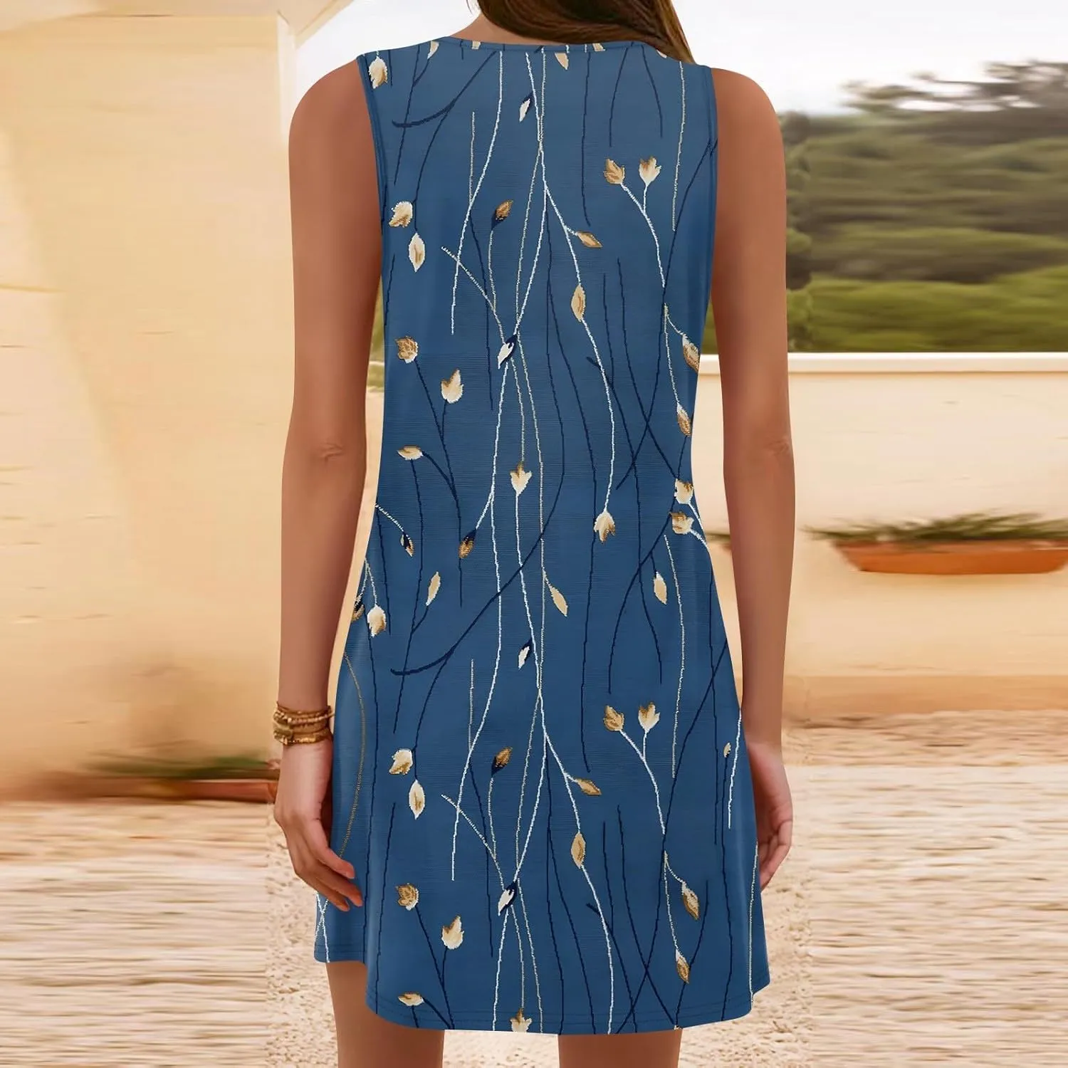 Summer Dresses for Women V Neck Sleeveless Tshirt Dress Boho Floral Printed Beach Vacation Mini Sundress