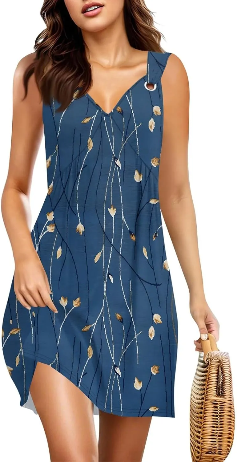 Summer Dresses for Women V Neck Sleeveless Tshirt Dress Boho Floral Printed Beach Vacation Mini Sundress