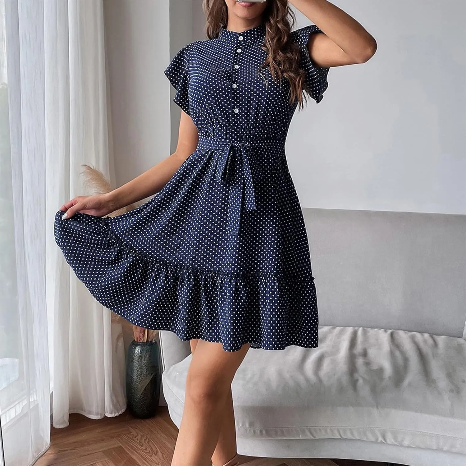 Summer Dresses Womens Button Round Neck Tunic Ruffle Short Sleeve A-Line Tiered Babydoll Beach Dress Flowy Mini Dress