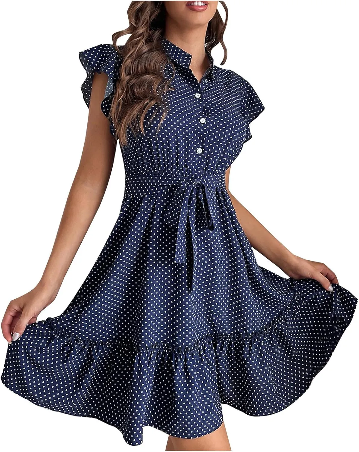 Summer Dresses Womens Button Round Neck Tunic Ruffle Short Sleeve A-Line Tiered Babydoll Beach Dress Flowy Mini Dress