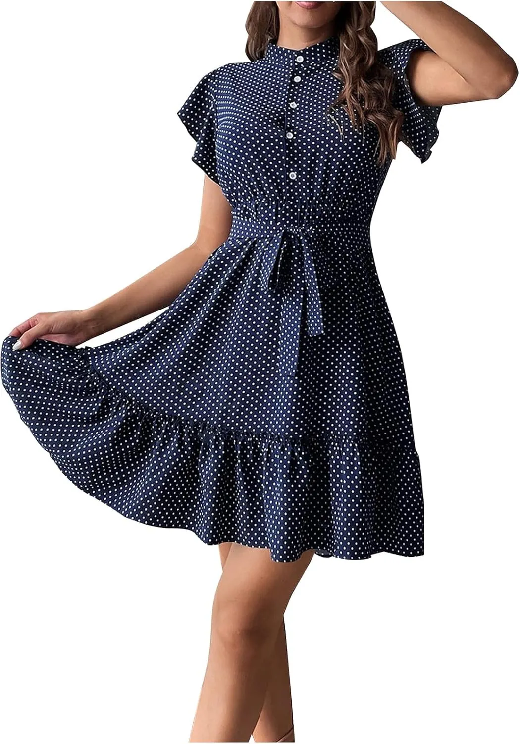 Summer Dresses Womens Button Round Neck Tunic Ruffle Short Sleeve A-Line Tiered Babydoll Beach Dress Flowy Mini Dress
