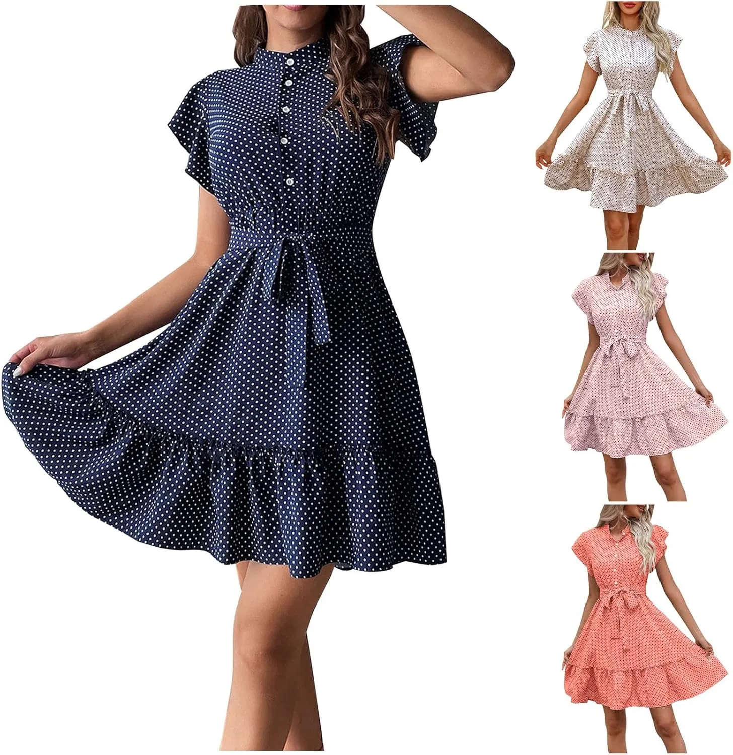 Summer Dresses Womens Button Round Neck Tunic Ruffle Short Sleeve A-Line Tiered Babydoll Beach Dress Flowy Mini Dress