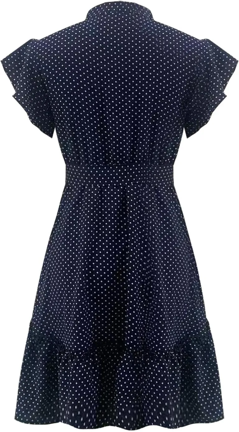 Summer Dresses Womens Button Round Neck Tunic Ruffle Short Sleeve A-Line Tiered Babydoll Beach Dress Flowy Mini Dress