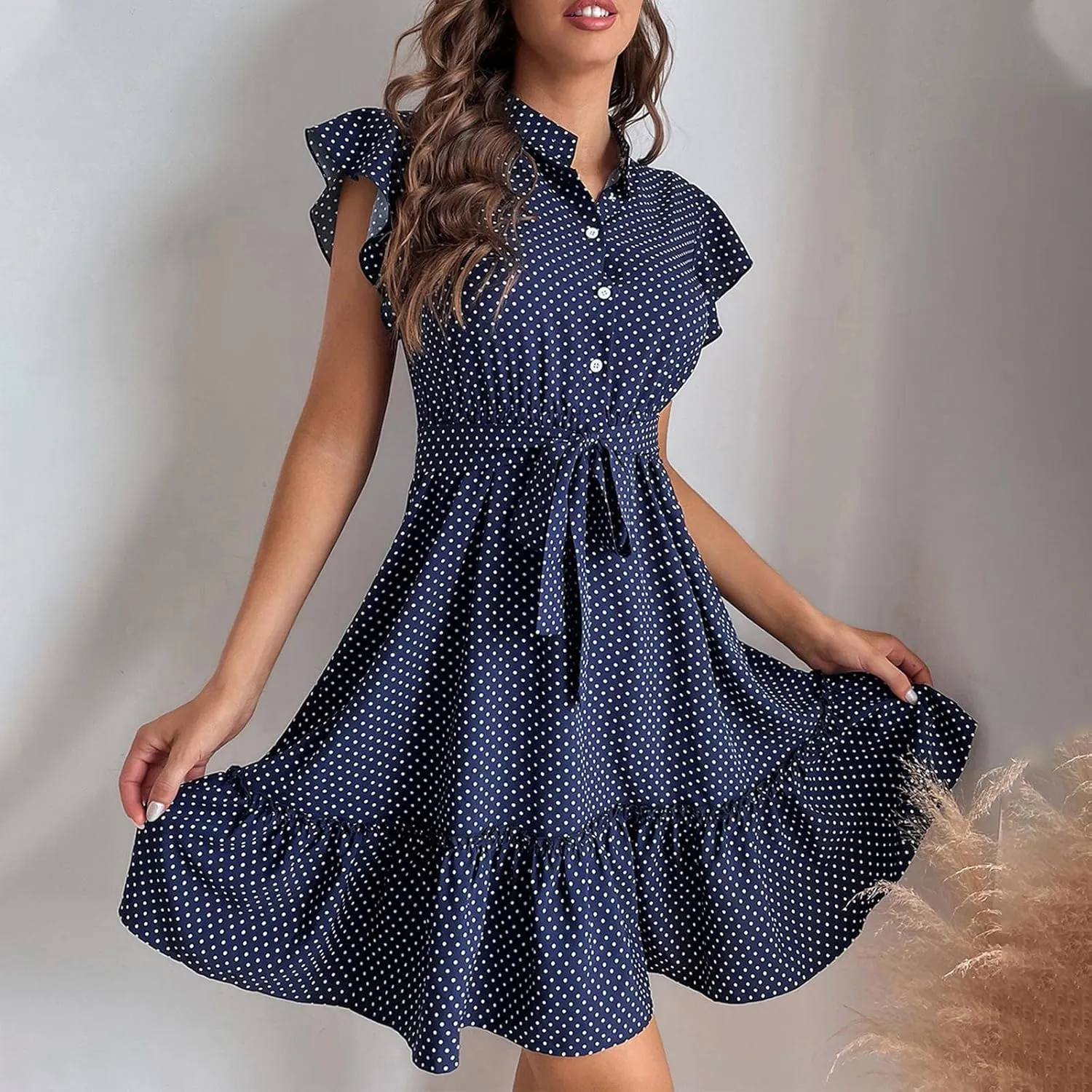 Summer Dresses Womens Button Round Neck Tunic Ruffle Short Sleeve A-Line Tiered Babydoll Beach Dress Flowy Mini Dress