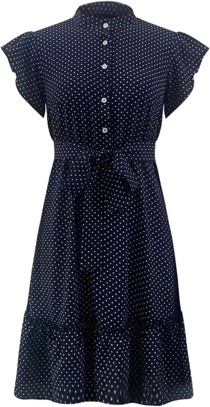 Summer Dresses Womens Button Round Neck Tunic Ruffle Short Sleeve A-Line Tiered Babydoll Beach Dress Flowy Mini Dress