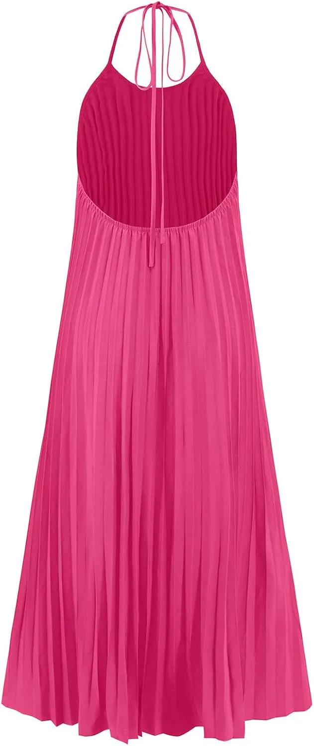 Summer Halter Sundress for Women Hawaiian Vacation Party Beach Dress Sexy Casual Backless Flowy Pleated Maxi Dresses