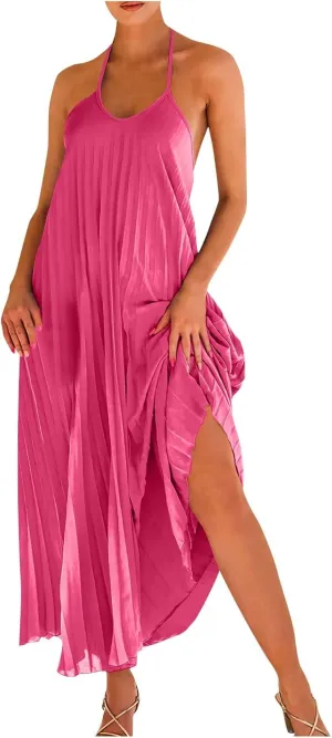 Summer Halter Sundress for Women Hawaiian Vacation Party Beach Dress Sexy Casual Backless Flowy Pleated Maxi Dresses
