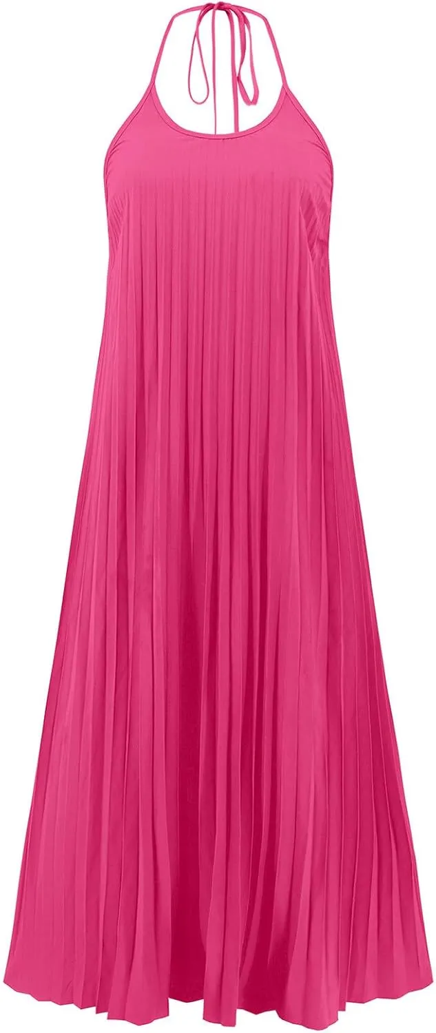 Summer Halter Sundress for Women Hawaiian Vacation Party Beach Dress Sexy Casual Backless Flowy Pleated Maxi Dresses