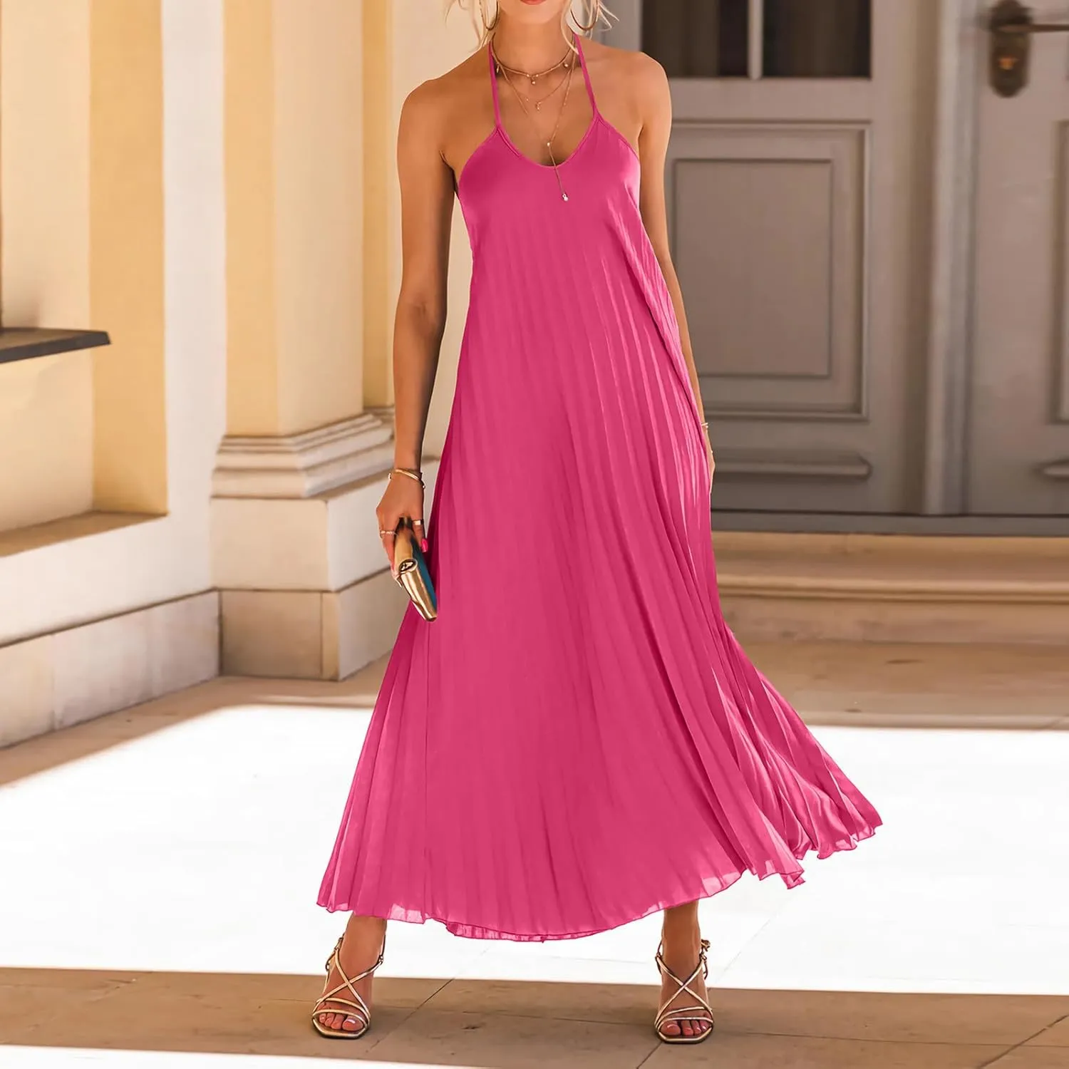 Summer Halter Sundress for Women Hawaiian Vacation Party Beach Dress Sexy Casual Backless Flowy Pleated Maxi Dresses