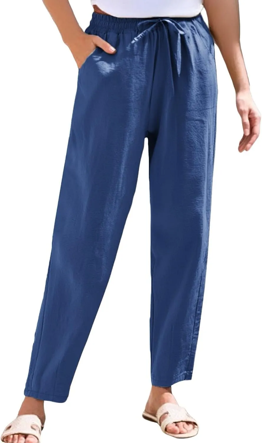 Summer Pants Women, Cotton Peasant Pants Straight Leg Casual Linen Plaid Drawstring