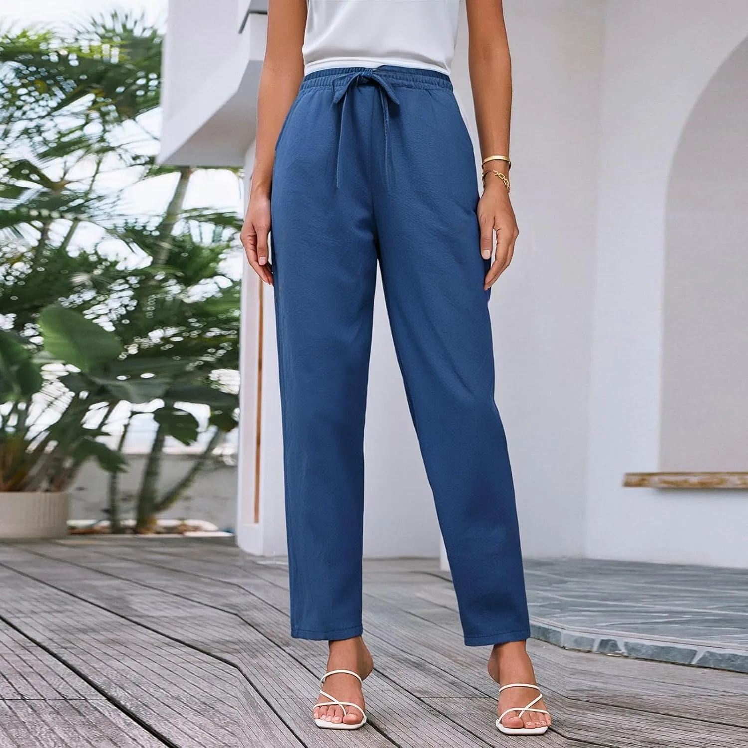 Summer Pants Women, Cotton Peasant Pants Straight Leg Casual Linen Plaid Drawstring