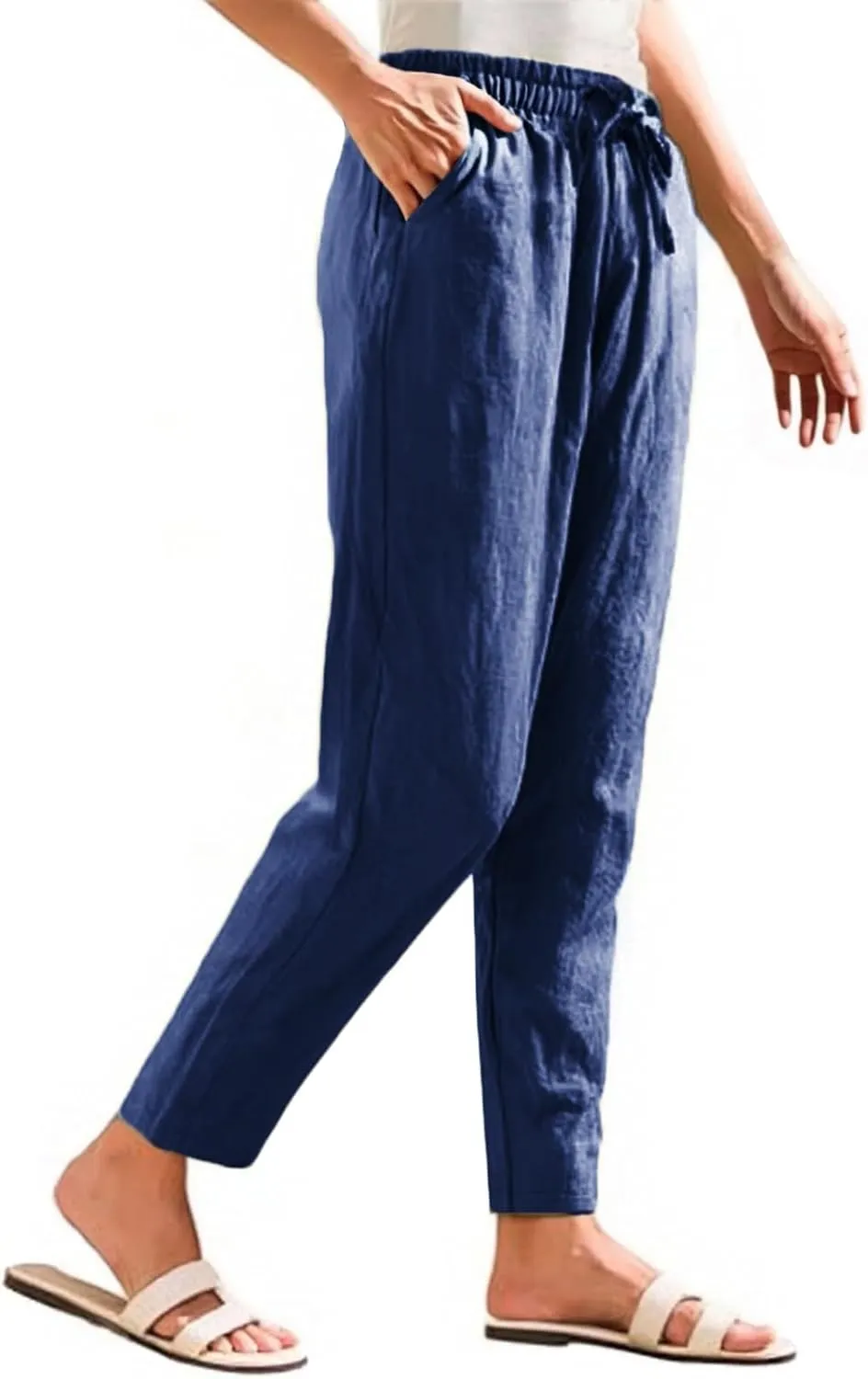 Summer Pants Women, Cotton Peasant Pants Straight Leg Casual Linen Plaid Drawstring