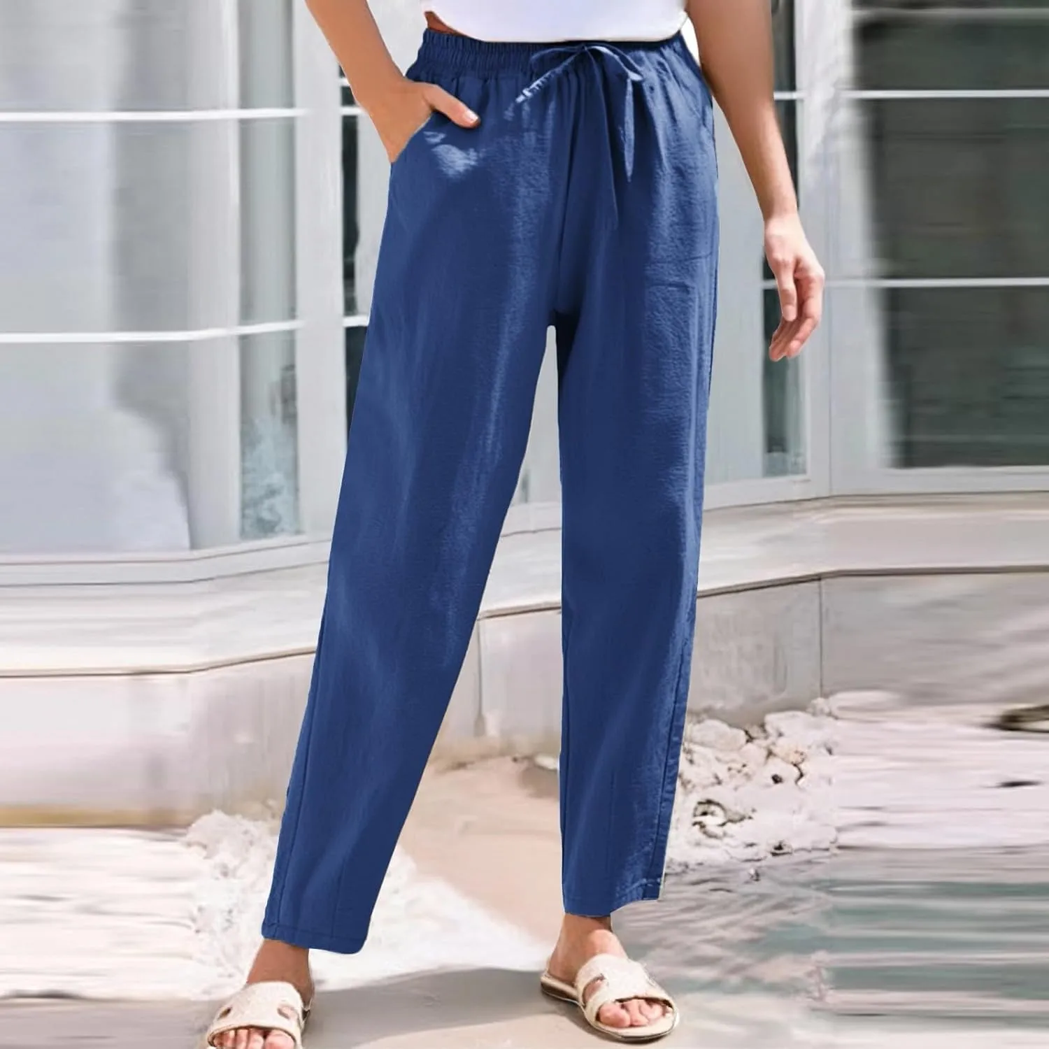 Summer Pants Women, Cotton Peasant Pants Straight Leg Casual Linen Plaid Drawstring