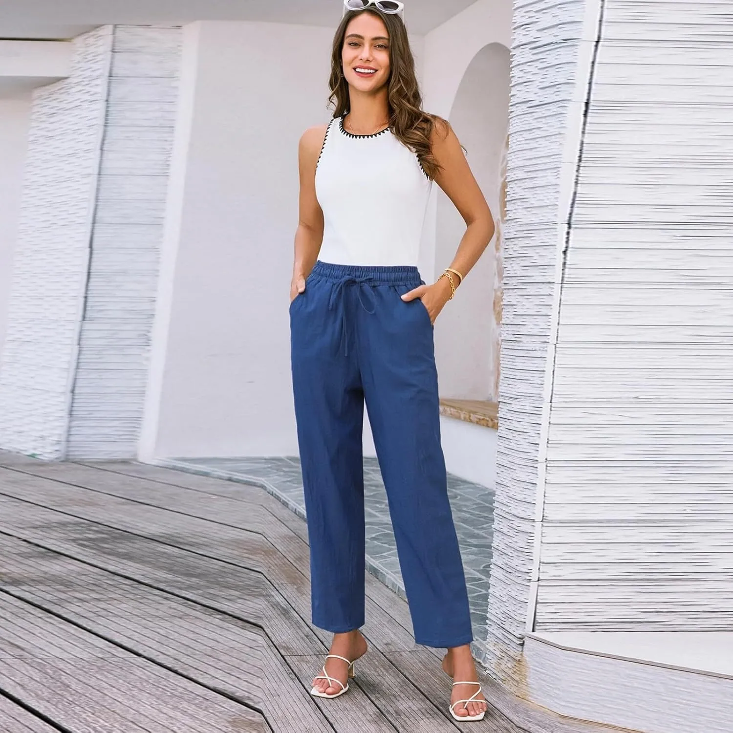 Summer Pants Women, Cotton Peasant Pants Straight Leg Casual Linen Plaid Drawstring