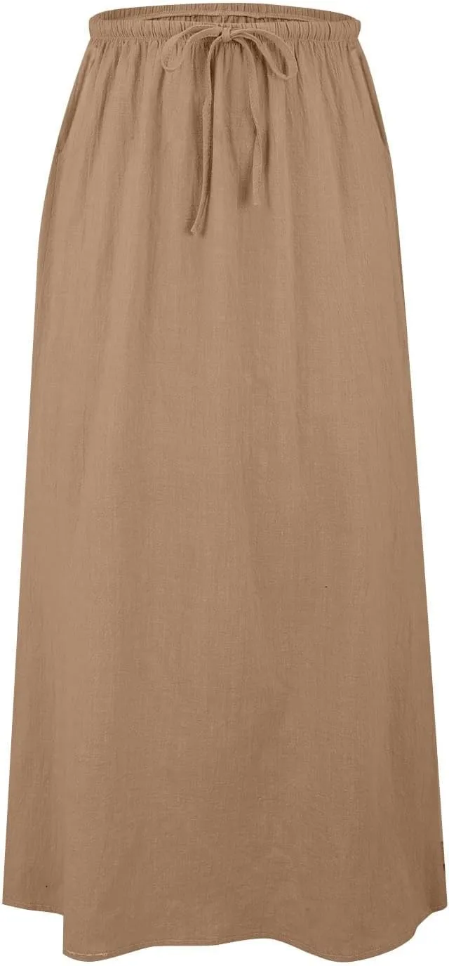 Summer Skirts for Women 2025 Casual Linen Maxi Skirts A Line Dresses Drawstring Waist Boho Long Flowy Skirt