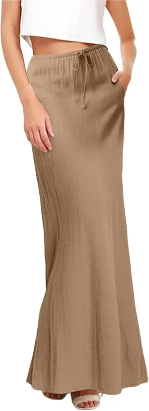 Summer Skirts for Women 2025 Casual Linen Maxi Skirts A Line Dresses Drawstring Waist Boho Long Flowy Skirt