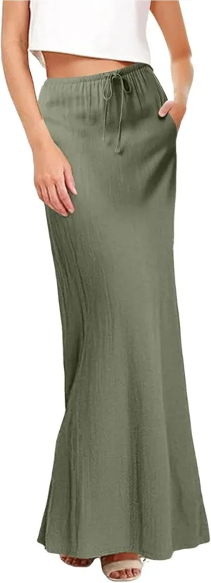 Summer Skirts for Women 2025 Casual Linen Maxi Skirts A Line Dresses Drawstring Waist Boho Long Flowy Skirt