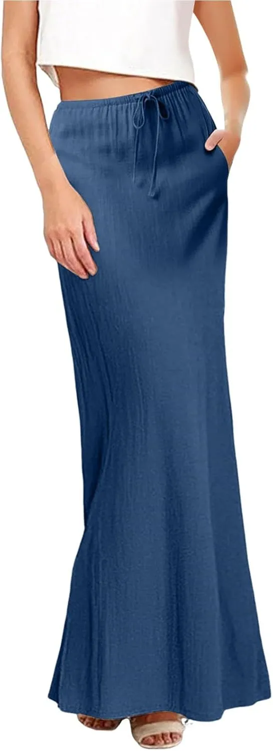 Summer Skirts for Women 2025 Casual Linen Maxi Skirts A Line Dresses Drawstring Waist Boho Long Flowy Skirt