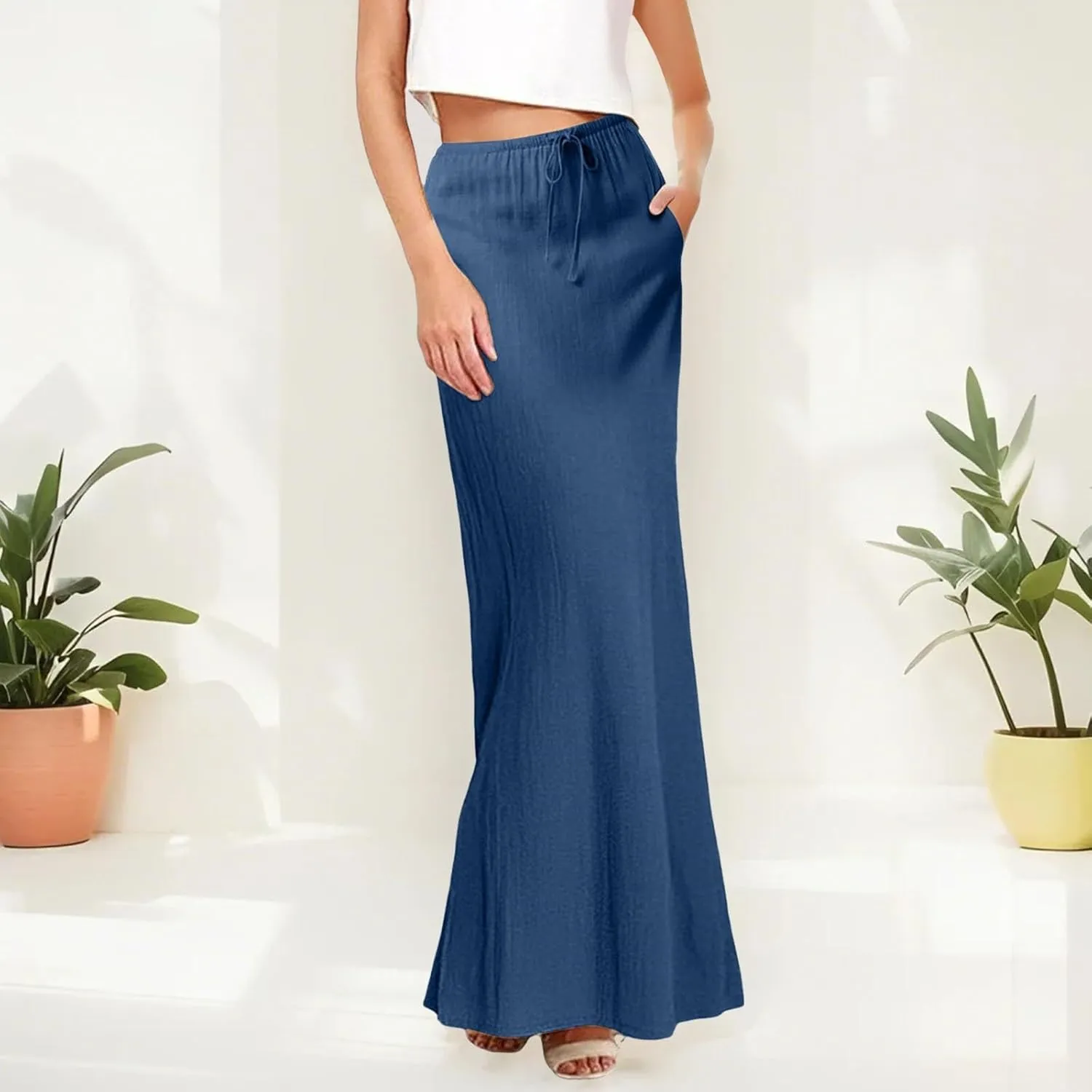 Summer Skirts for Women 2025 Casual Linen Maxi Skirts A Line Dresses Drawstring Waist Boho Long Flowy Skirt