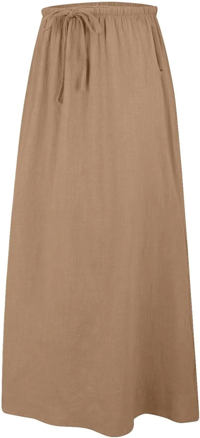 Summer Skirts for Women 2025 Casual Linen Maxi Skirts A Line Dresses Drawstring Waist Boho Long Flowy Skirt