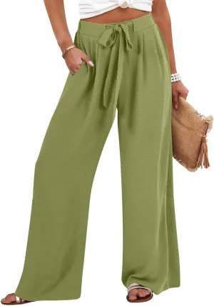 Summer Wide Leg Linen Pants for Women with Pockets High Waisted Tie Knot Beach Palazzo Pants Casual Lounge Trousers