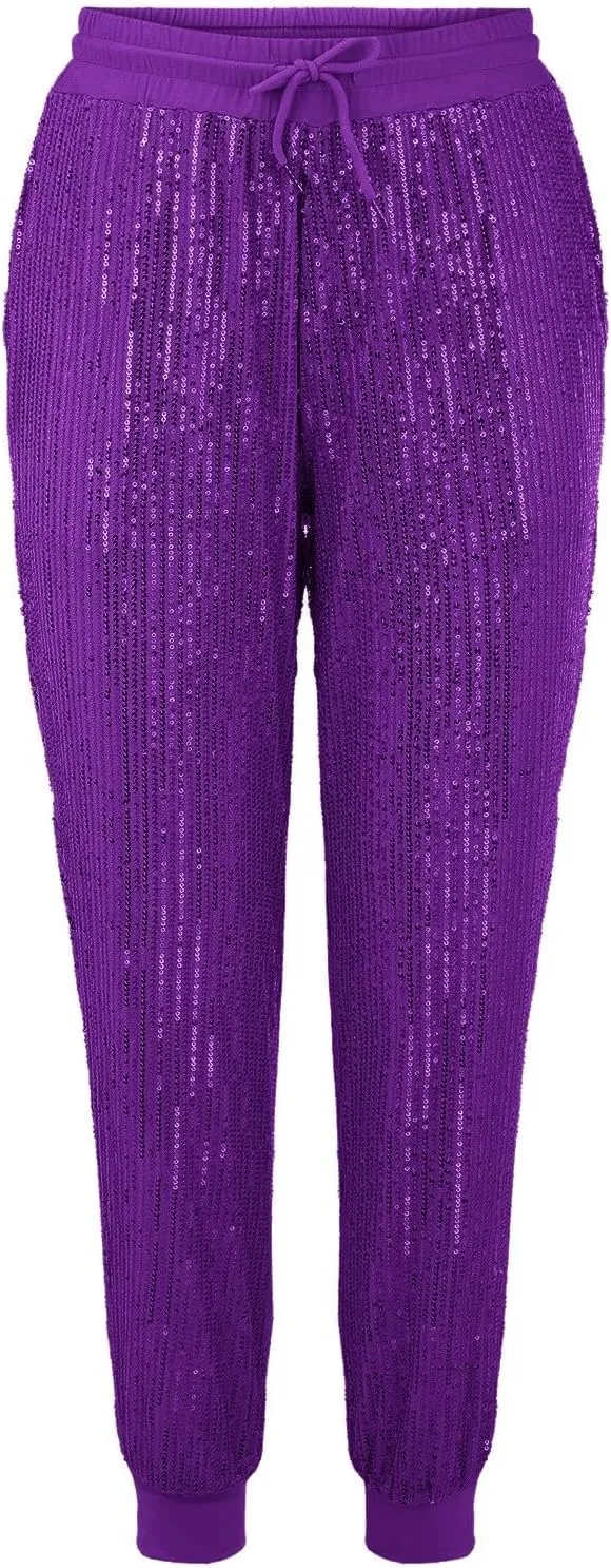 Sweatpants for Women Women's Glitter Sequin Trousers High Waist Stretchy Club Shiny Night Out Party Club Trousers