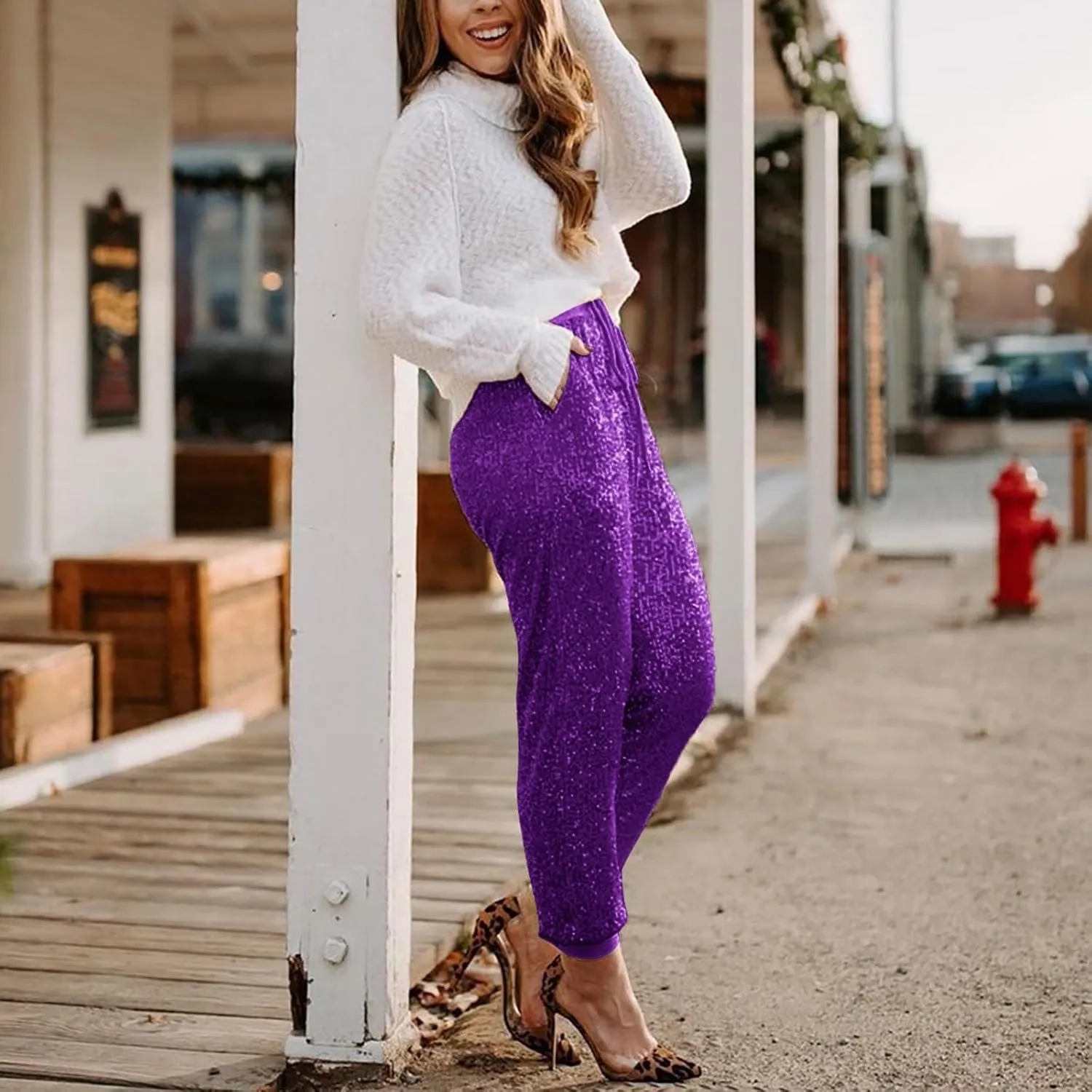 Sweatpants for Women Women's Glitter Sequin Trousers High Waist Stretchy Club Shiny Night Out Party Club Trousers