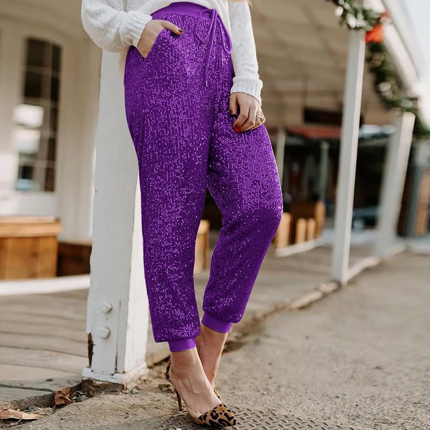Sweatpants for Women Women's Glitter Sequin Trousers High Waist Stretchy Club Shiny Night Out Party Club Trousers