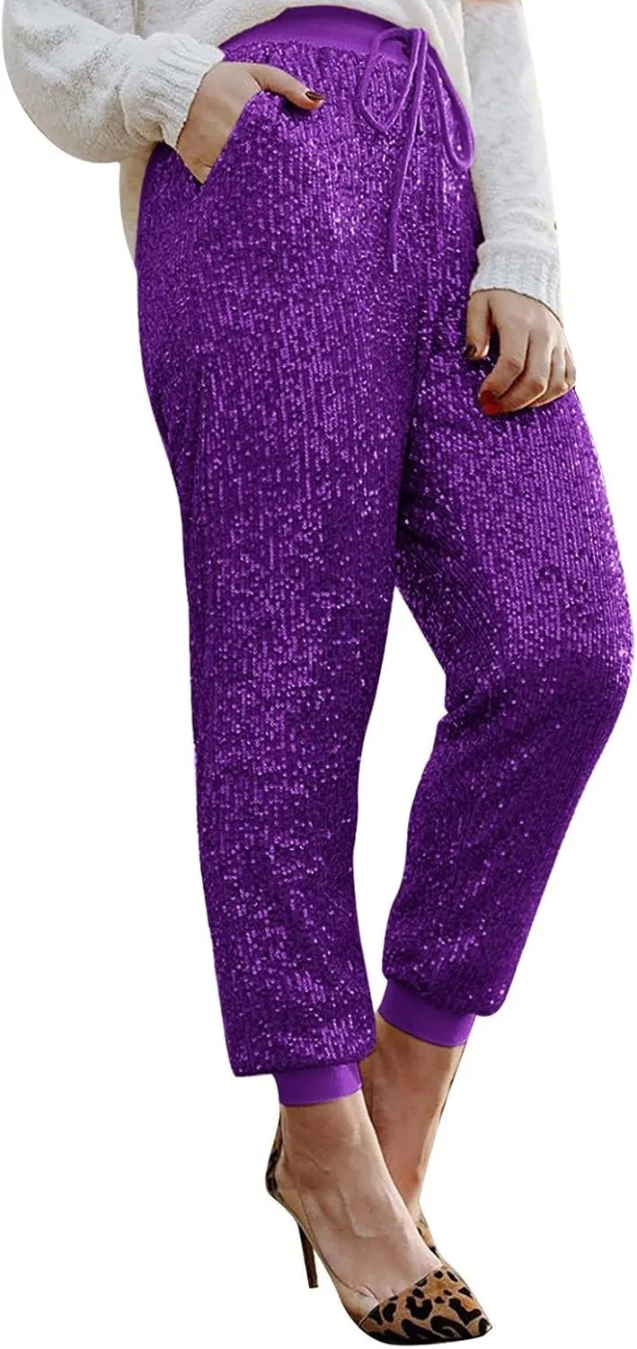 Sweatpants for Women Women's Glitter Sequin Trousers High Waist Stretchy Club Shiny Night Out Party Club Trousers