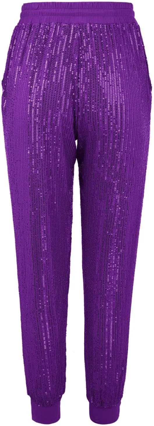 Sweatpants for Women Women's Glitter Sequin Trousers High Waist Stretchy Club Shiny Night Out Party Club Trousers