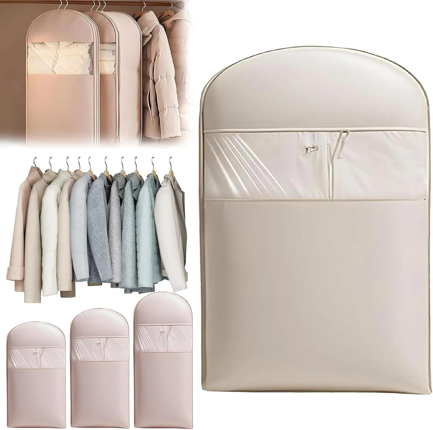 Taprinferior Hanging Garment Bag, 2025 Space Saving Hanging Garment Bag with Self Compression Zipper, Compression Hanging Garment Bags, Winter Coat Storage (Beige, M)
