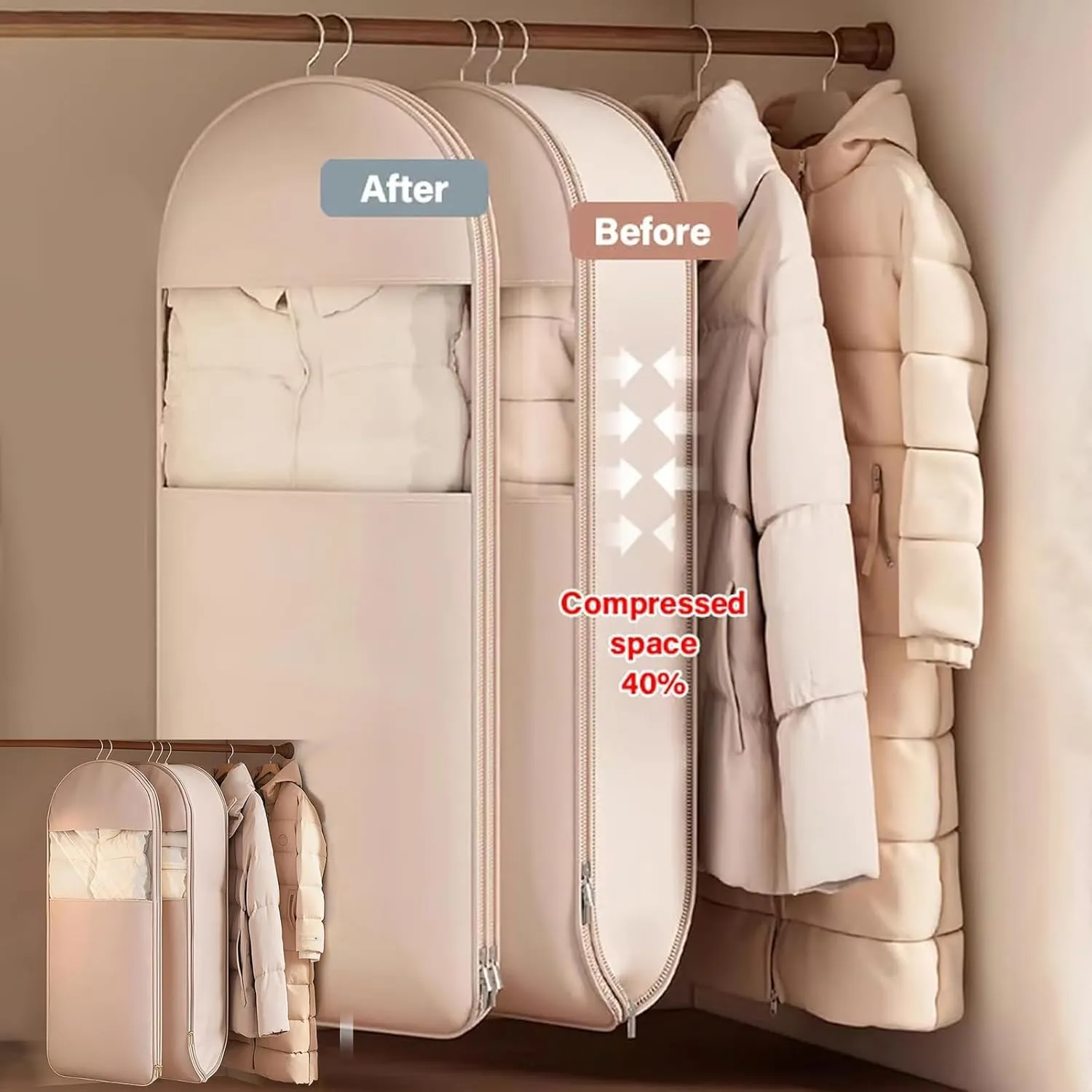 Taprinferior Hanging Garment Bag, 2025 Space Saving Hanging Garment Bag with Self Compression Zipper, Compression Hanging Garment Bags, Winter Coat Storage (Beige, M)