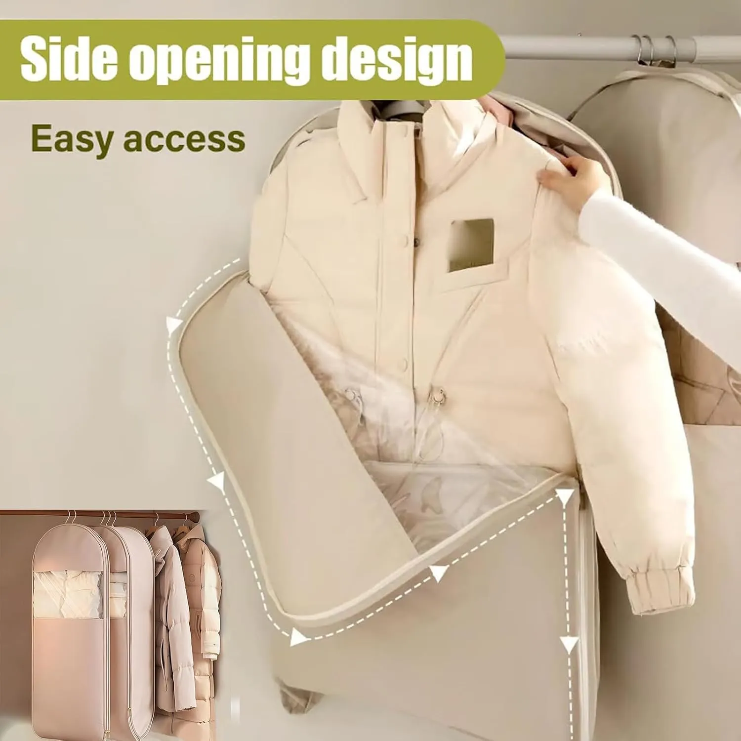 Taprinferior Hanging Garment Bag, 2025 Space Saving Hanging Garment Bag with Self Compression Zipper, Compression Hanging Garment Bags, Winter Coat Storage (Beige, M)