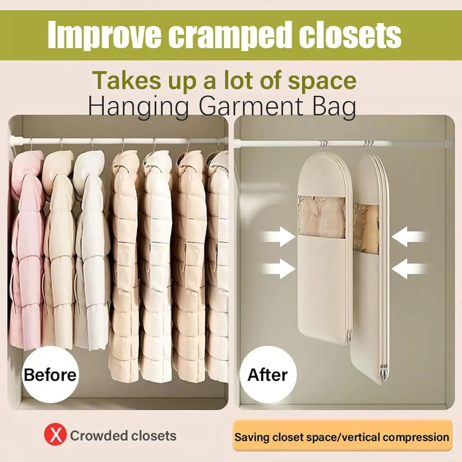 Taprinferior Hanging Garment Bag, 2025 Space Saving Hanging Garment Bag with Self Compression Zipper, Compression Hanging Garment Bags, Winter Coat Storage (Beige, M)