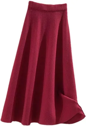 Thick Mid-Length Knitted Skirt Women High Waist A-Line Midi Skirts Autumn Winter Solid Color Pleated Skirts