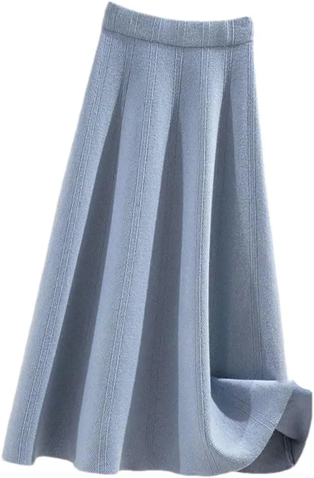 Thick Mid-Length Knitted Skirt Women High Waist A-Line Midi Skirts Autumn Winter Solid Color Pleated Skirts