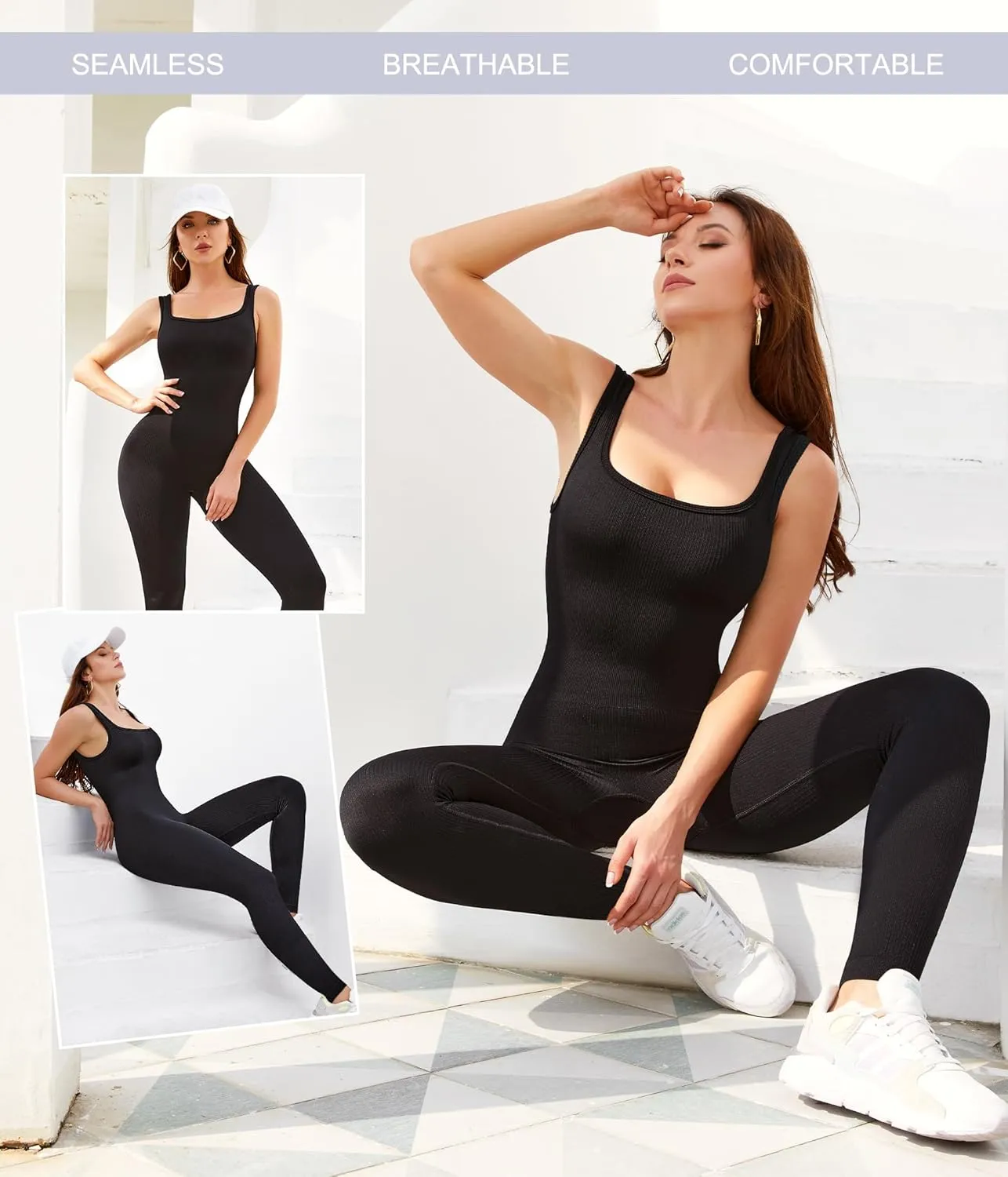 TrainingGirl Womens One Piece Workout Jumpsuits Square Neck Tank Tops Rompers Ribbed Sleeveless Exercise Unitard Yoga Bodycon