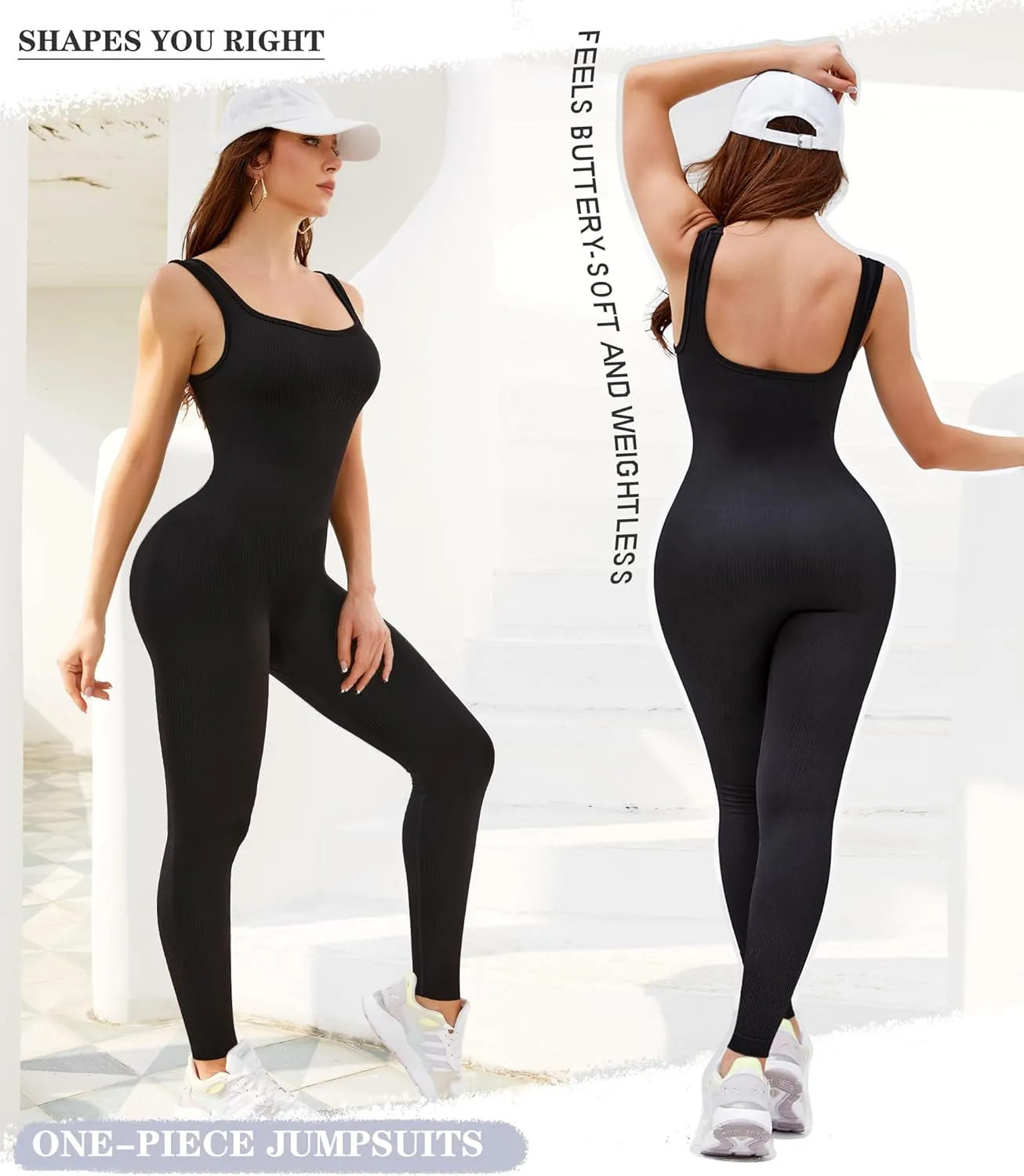 TrainingGirl Womens One Piece Workout Jumpsuits Square Neck Tank Tops Rompers Ribbed Sleeveless Exercise Unitard Yoga Bodycon