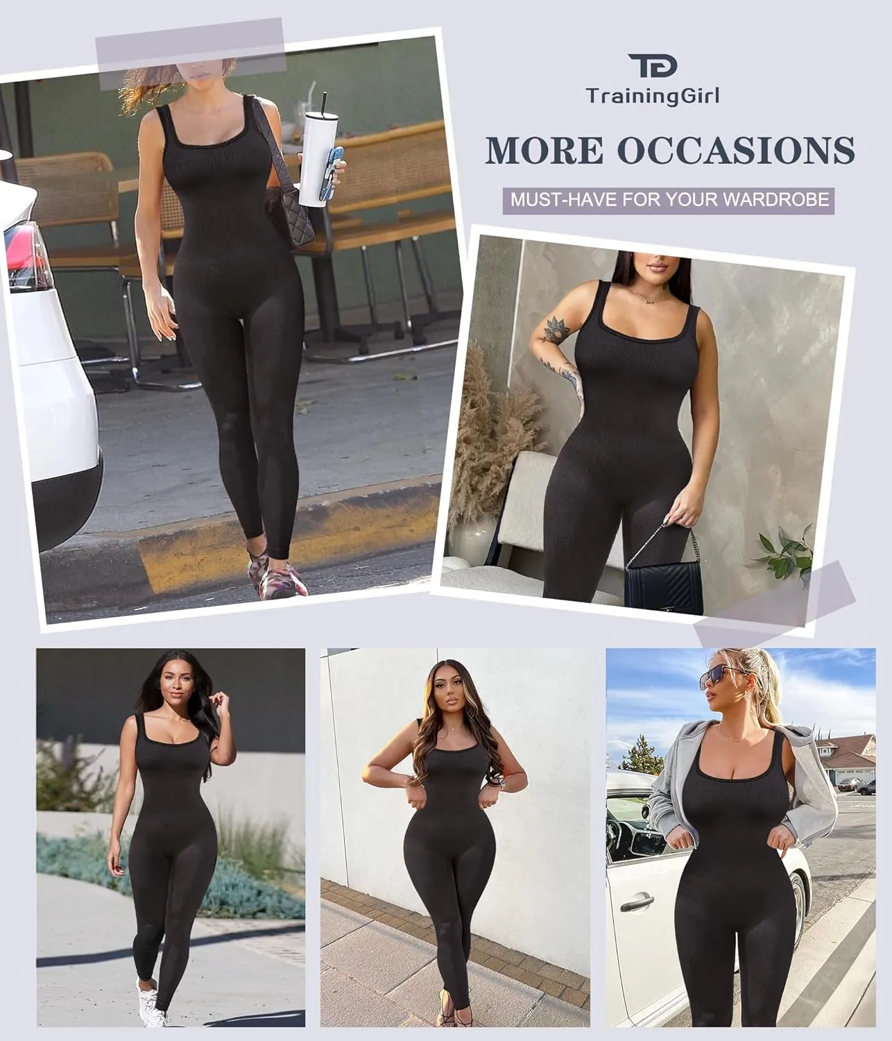 TrainingGirl Womens One Piece Workout Jumpsuits Square Neck Tank Tops Rompers Ribbed Sleeveless Exercise Unitard Yoga Bodycon