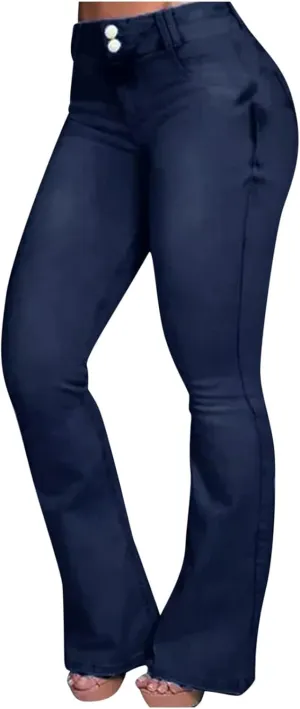 Uillui Bell Bottom Jeans for Women High Waist Slim Fit Flare Denim Pants Fashion Casual Button Pocket Trousers Straight Pant