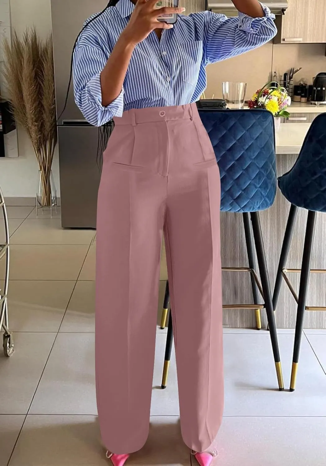 Vakkest Women High Waist Wide Leg Pants Casual Loose Palazzo Long Slacks Business Work Office Trousers with Pockets